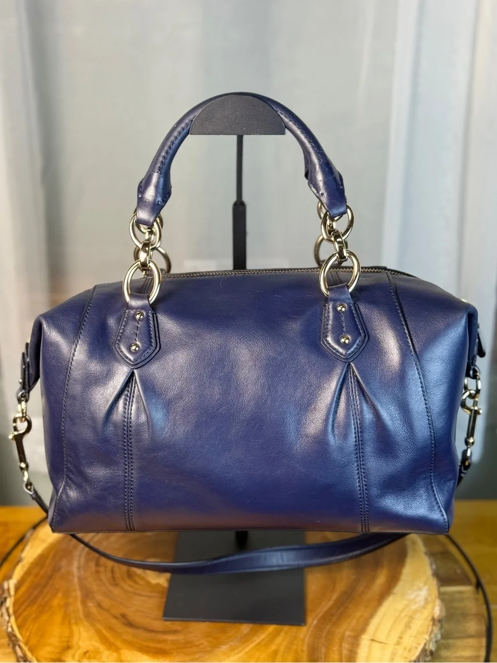 Coach Colette Navy/Midnight Blue Leather Carryall Satchel Bag + Crossbody Strap